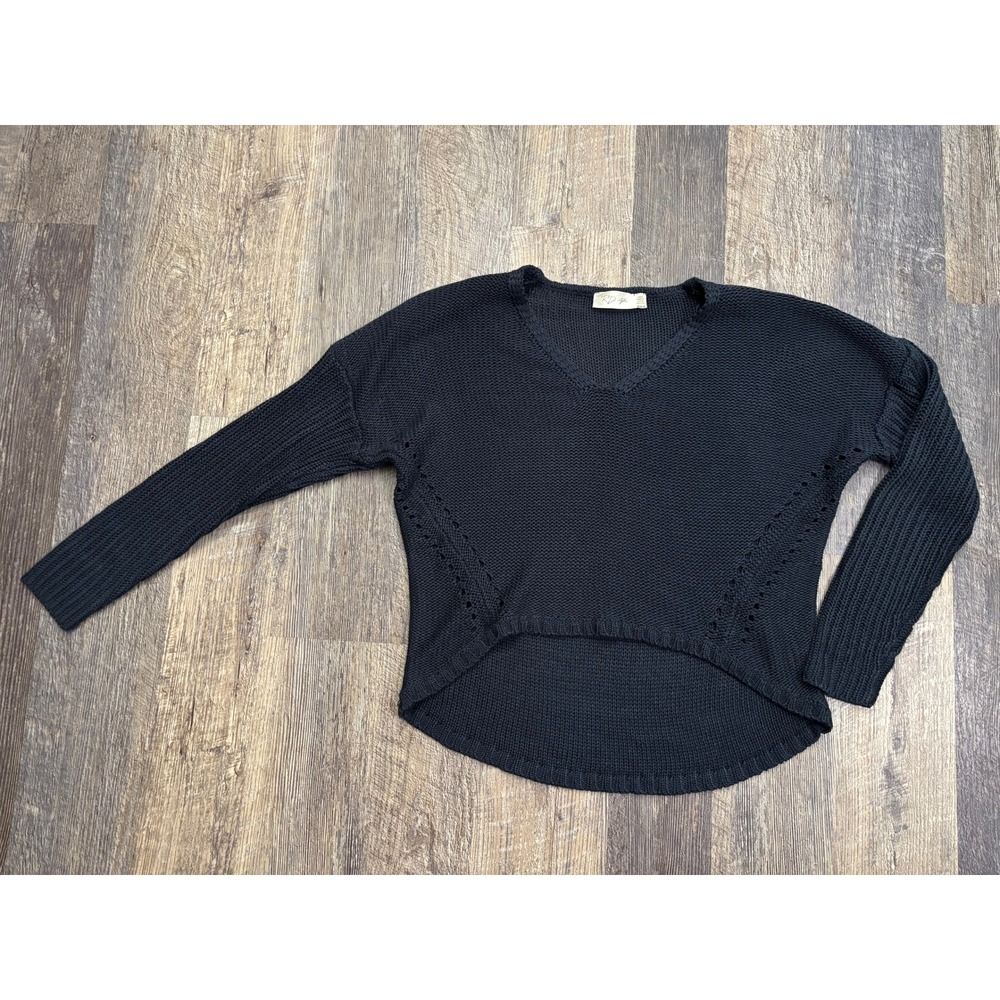 RD Style Womens Black V-Neck High Low Knit Sweater‎ Size Medium Pointelle Detail